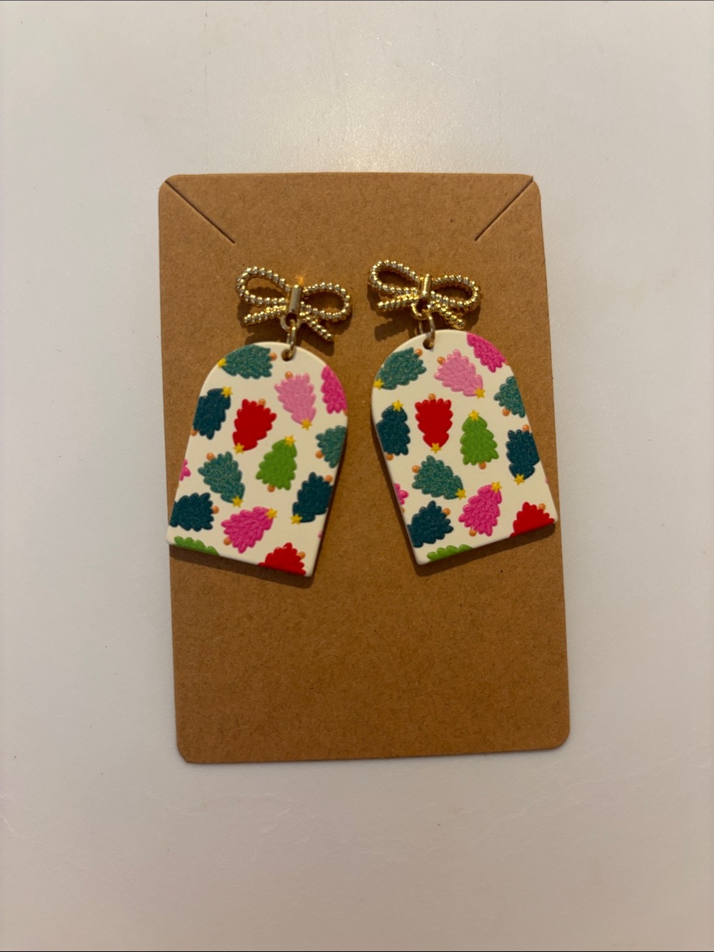 Fashion Jewelry Multicolor Tree Print Arch Earrings with Gold Bow